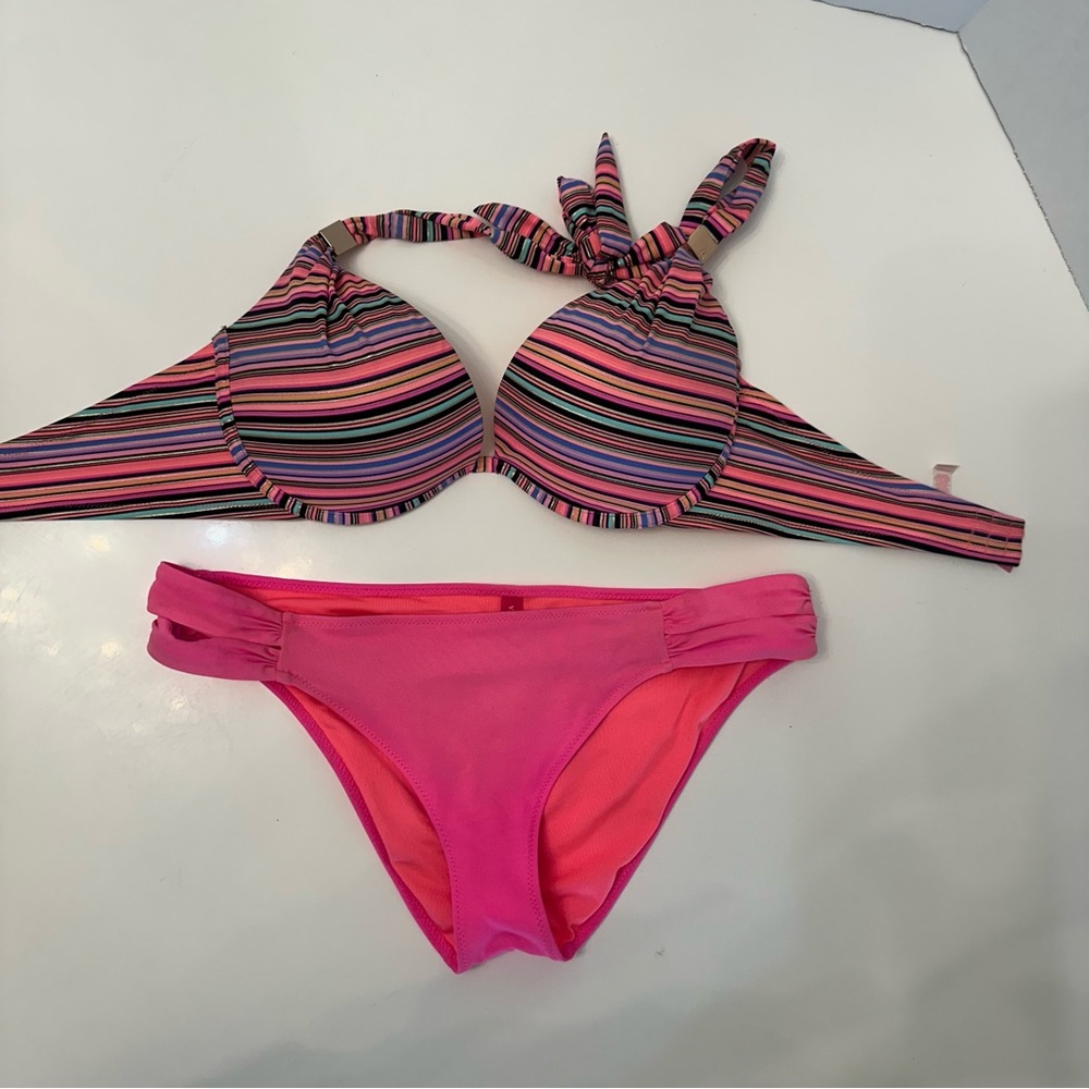 Victoria's Secret Multicolor Striped and Pink Bikini